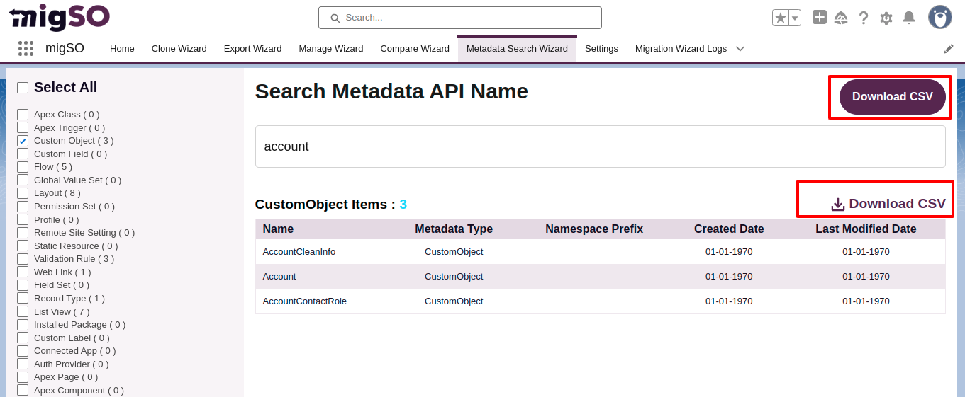 Salesforce Search Metadata using migSO