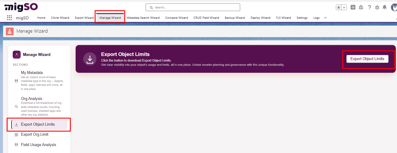 Export Object Limits in Salesforce using migSO